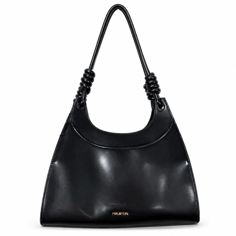 Halston Black Shoulder Bag Knotted Strap Red Lining Gold Hardware Y2K Minimalist